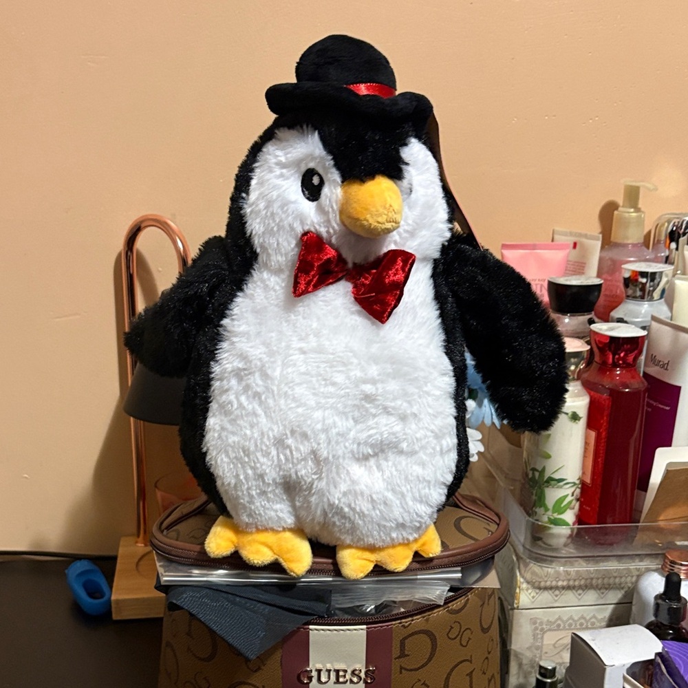 Plush Penguin Toy with Red Bow and Black Top Hat - Black, White & Yellow
